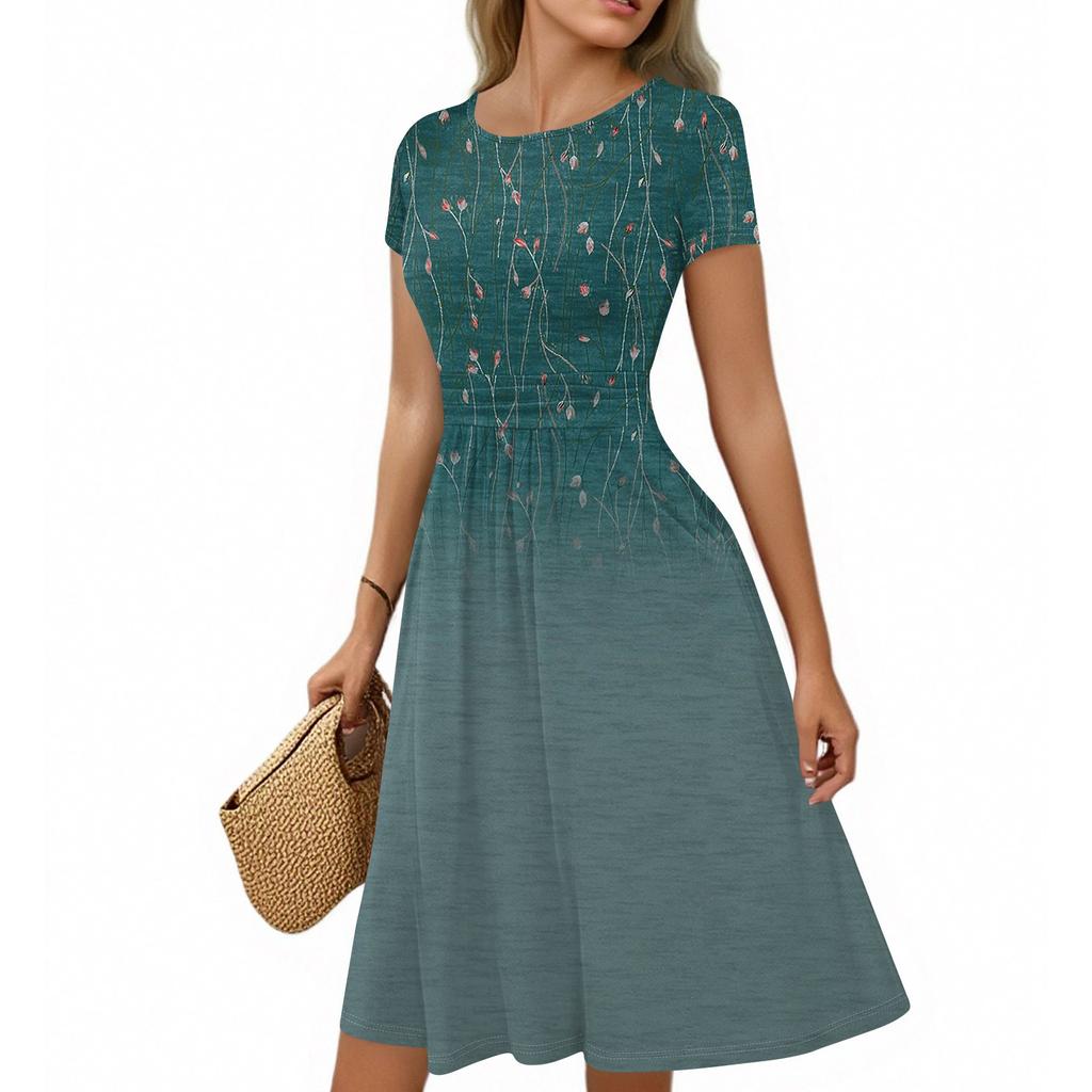 Women's Casual Fashion Round Neck Pleated Short Sleeve Retro Floral A-Line Midi Dress