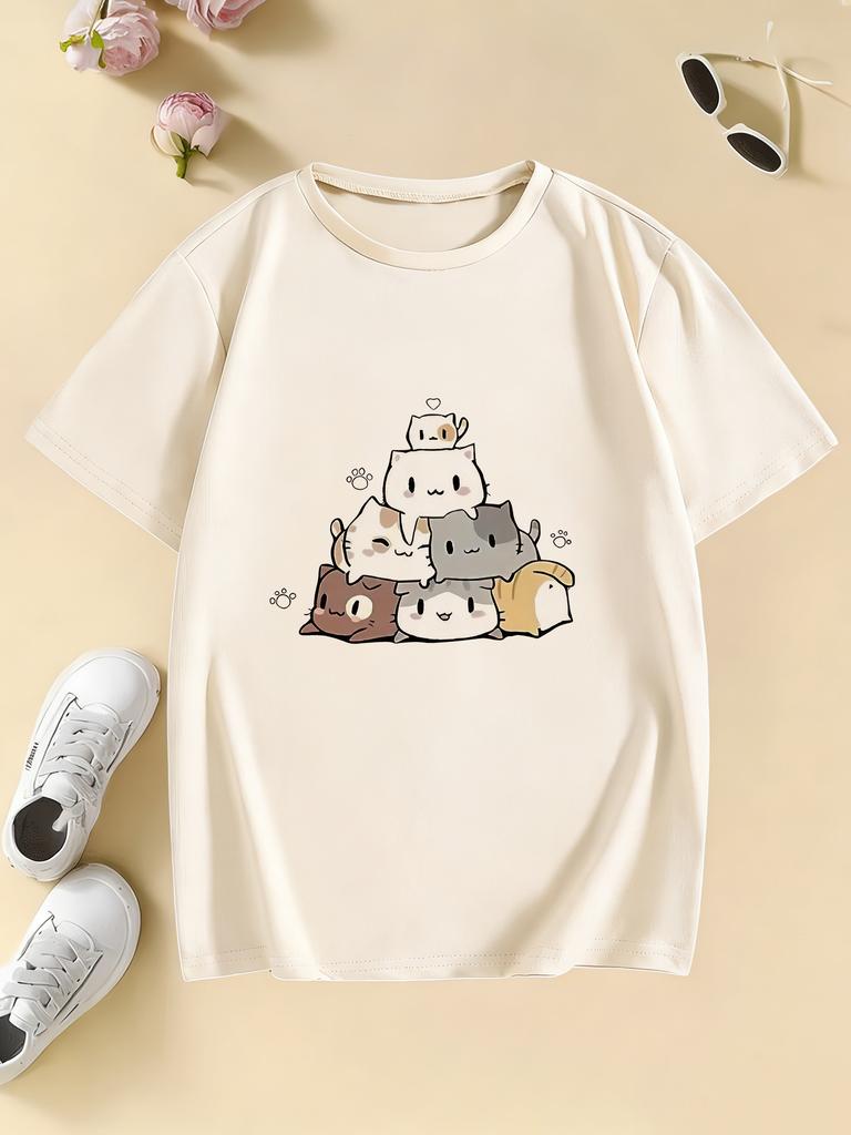 Cute Emoji Cat Fun Pure Cotton Printed Unisexs and Womens Wear Summer New Personalized Tshirt Fashion Casual Loose Tshirt