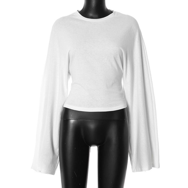 Y25TP201 European and American Women's Solid Color Round Neck, Wide Sleeve, Cinched Waist Sexy Long Sleeve Top
