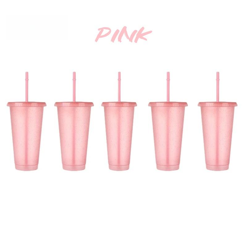 5 Stück 24oz Glitzerbecher mit Strohhalm & Deckeln Wiederverwendbare Hartplastikbecher Hochzeitsfeier Sommer-Trinkbecher Mädchens Lieblingsbecher