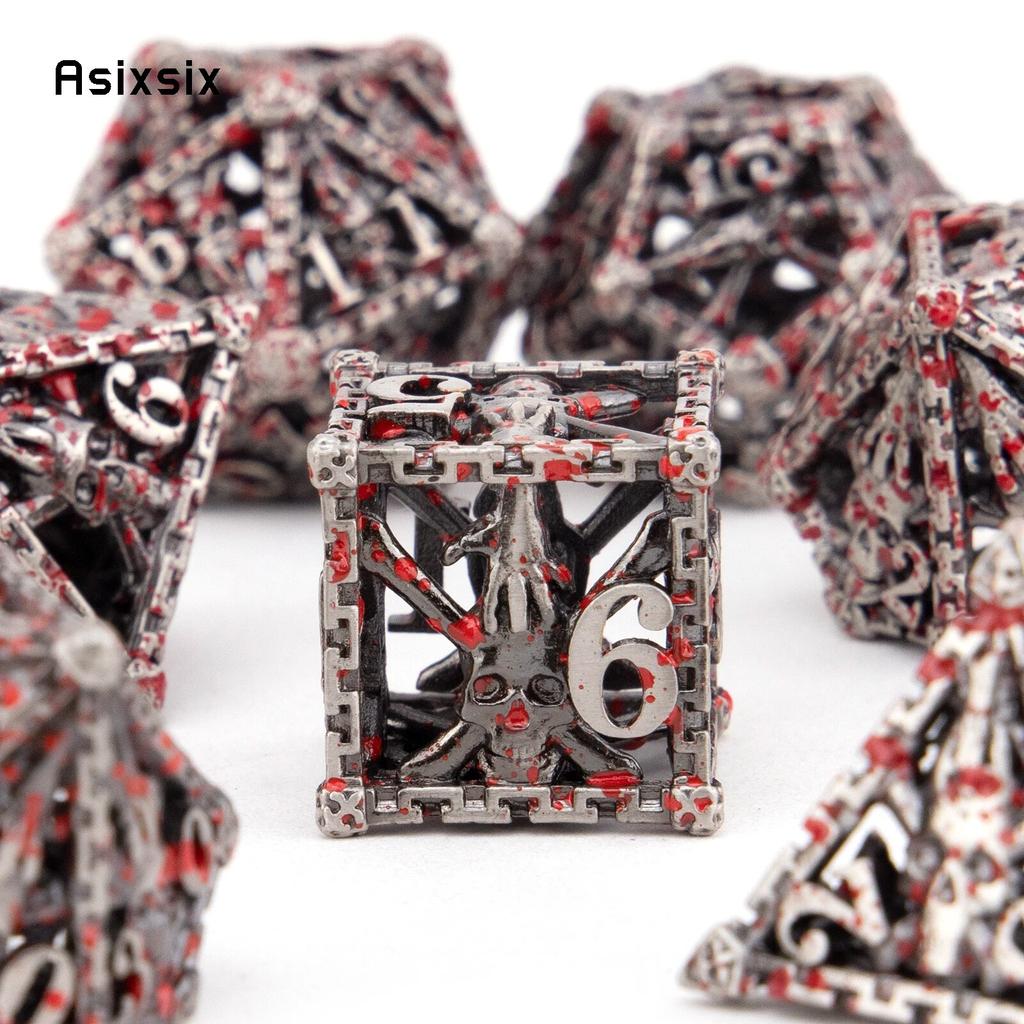 7-teiliges Würfelset aus Metall mit silberner roter Hand und Totenkopfkopf, hohles polyedrisches Würfelset aus Metall, geeignet für Rollenspiele, RPG-Brettspiele, Kartenspiele