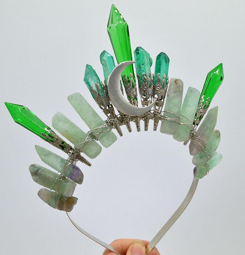 Handmade Natural White Crystal & Silver Moon Crown Headband
