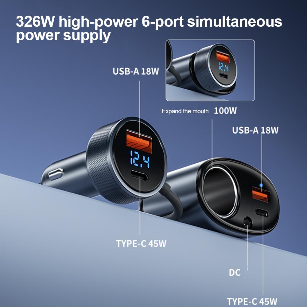 326W 6-in-1 Fast Car Charger Dual USB+PD Type-C Phone Power Socket Car Cigarette Lighter Splitter 12-24V Digital Voltmeter for Mini Starlink 4 Gens