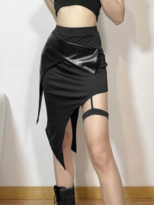 Moda Menina Quente Couro Sexy Saias de Cintura Alta Mulheres Design Irregular Fenda Aberta Saia Curta de Couro Feminina Coreana Elegante Slim Retalhos Saias Senhora