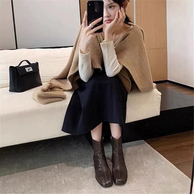 Faux leather French square head thick heel short boots small ankle boots women's autumn and winter new medium and high heel elastic thin boots socks 