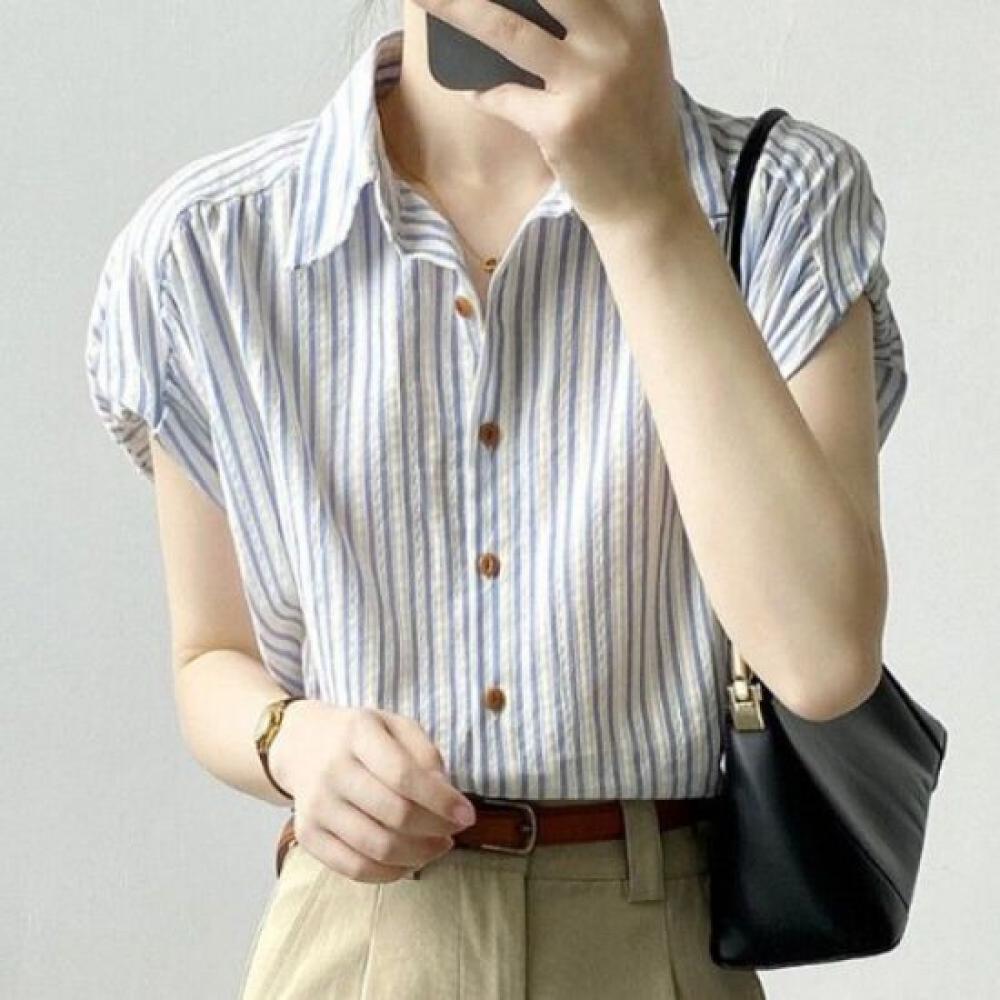 Navava Women Casual Stripe Cap Sleeve Shirt Nb2742