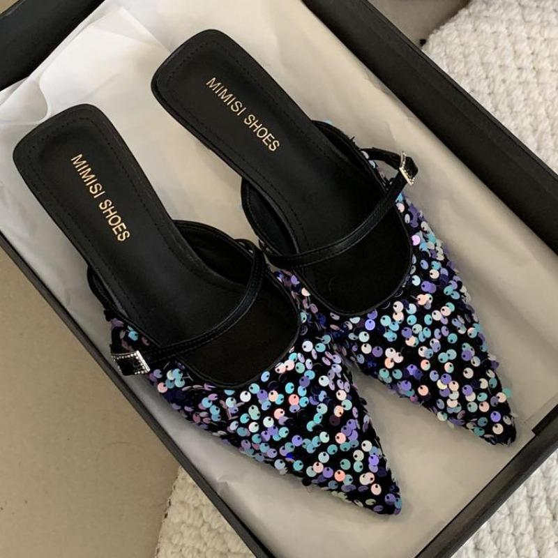Luxury Colorful Bling Designer Slide Sandals Women 2025 Summer Sexy Pointed Toe Women Slippers Elegant Low Heeled Mules Loafers