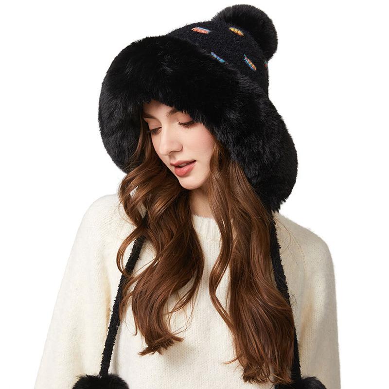 Knitted Hat Women's Thick Wool Collar Wool Hat Plush Three-Ball Warm Hat