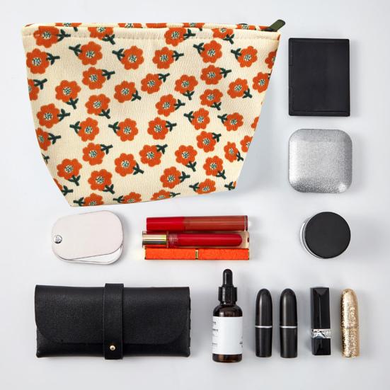 Flower Print Corduroy Cosmetic Bag Large Capacity Portable Smooth Zipper Multifunctional Travel Toiletry Makeup Lipstick Coins Phone Storage Pouch