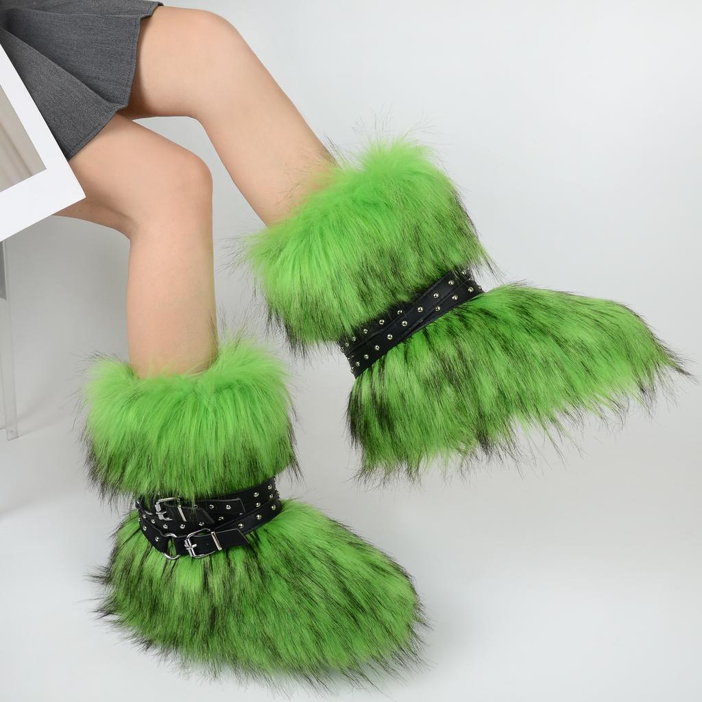 Women's Faux Fur Snow Boot Winter Warm Fluffy Furry Ankle Boots for Women Outdoor Fuzzy Mid-Calf Booties Plush Warm Snow Shoes for Outdoor Indoor