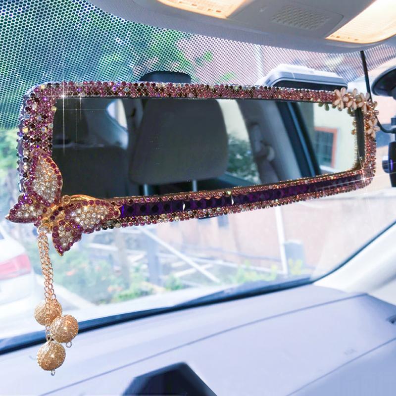 Pink Rhinestone Car Interior Rearview Mirror Cute Butterfly Wind Chimes Ornament Decorative Cover Rear Mirror Accessories Women