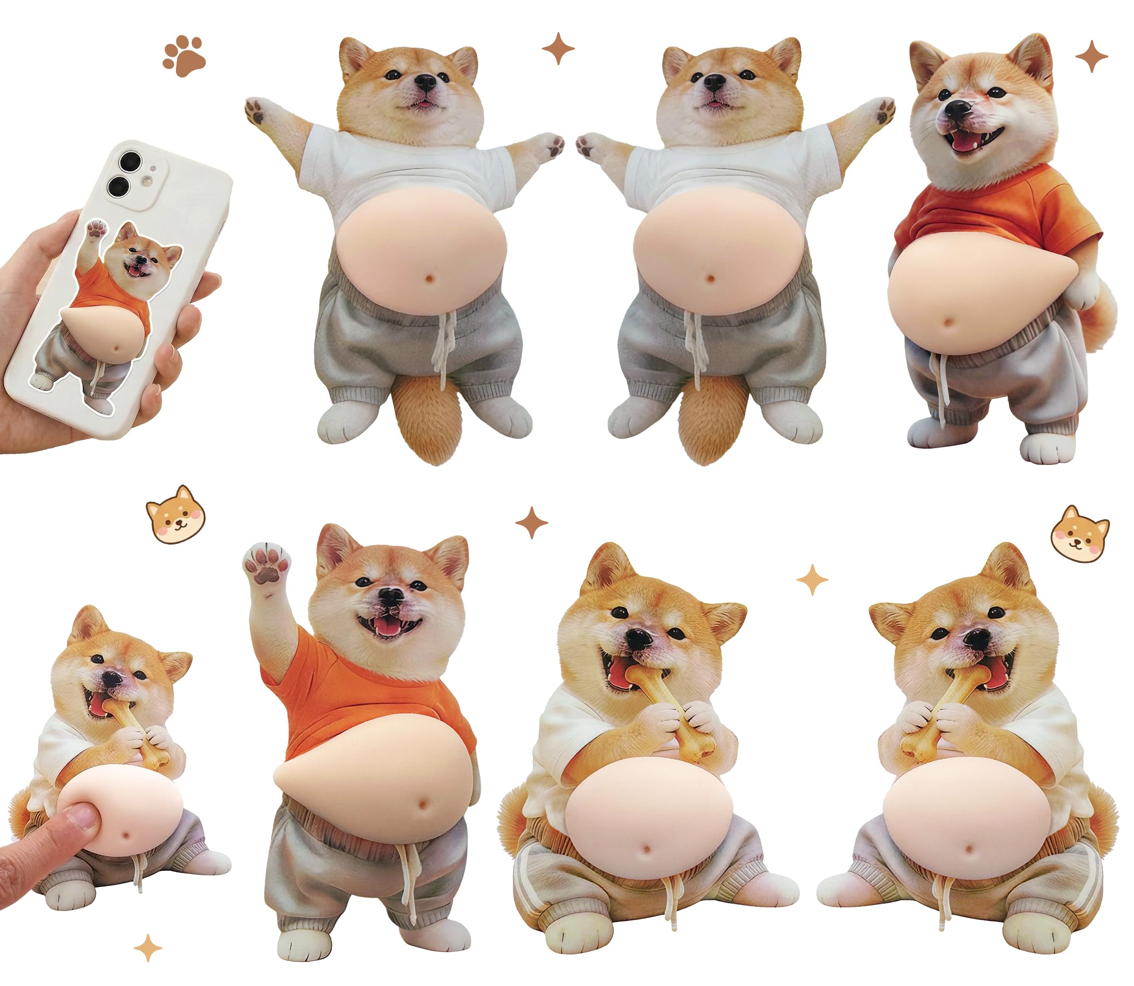 GOKEI Puni Puni Belly Seal 3D Sticker Soft Squishy Stress Relief Cat Dog Shiba Inu Calico Chubby 3 Sets 6 Pieces