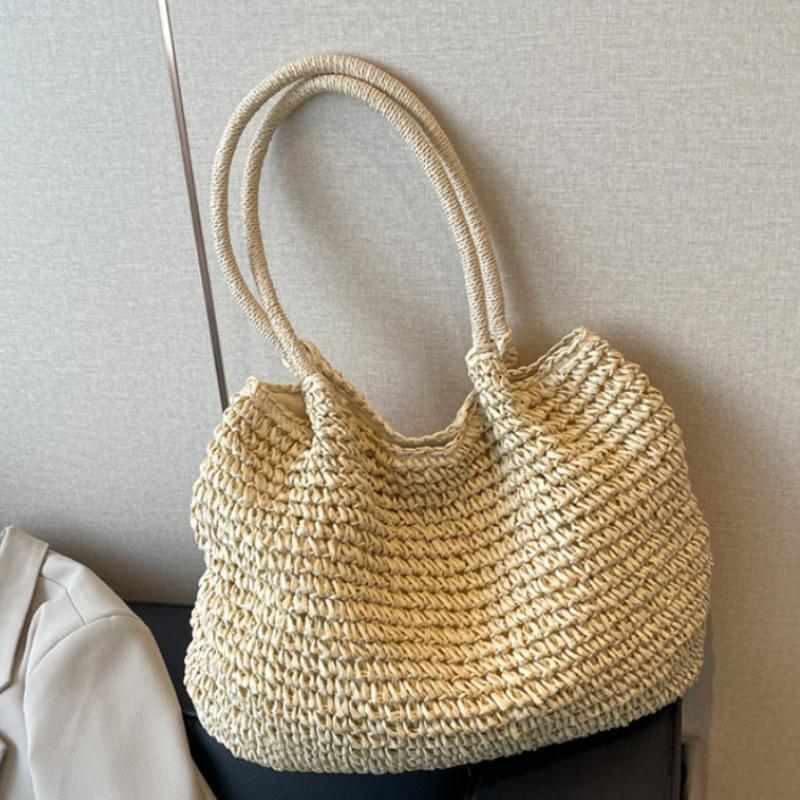 Handmade Crochet Straw Tote Bag Women Large Capacity Shoulder Bag Woven Material Summer Beach Vacation Boho Style Casual Handbag
