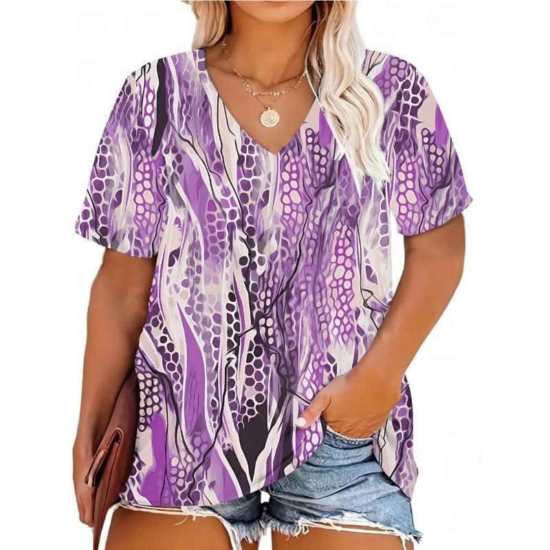 Summer Women's Daily Printed V-neck Short-sleeved T-shirt