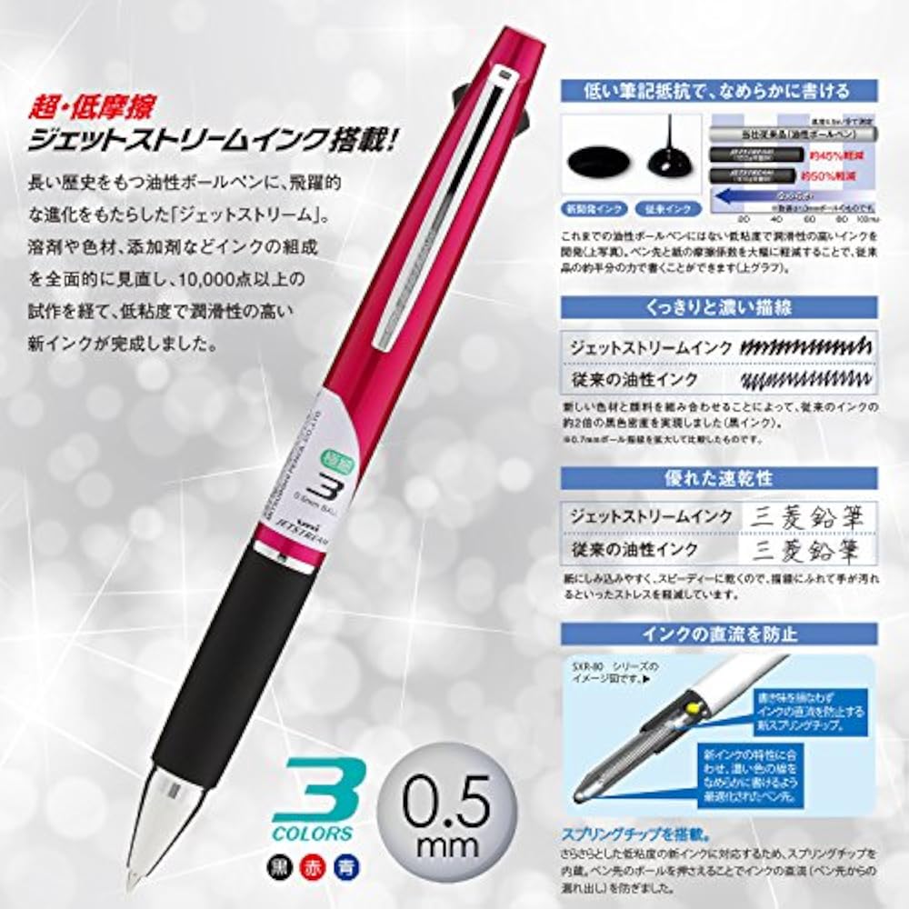 Mitsubishi pencil, 3 color ballpoint pen, Jetstream 0.5, pink, easy to write, SXE380005.13