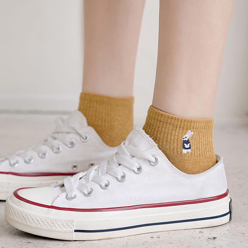 Women's Cute Cartoon Embroidered Mid-Calf Socks - Short, Thin Cotton, Korean & Japanese Style for Spring/Autumn