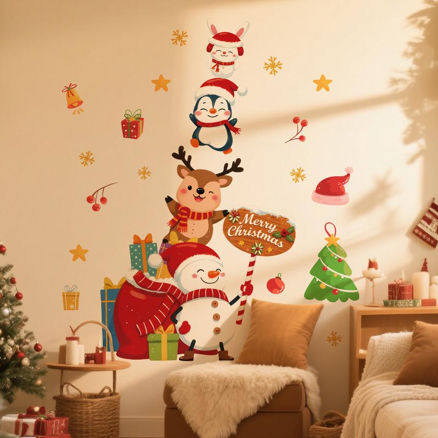 1pc Cartoons Animal Christmas Wall Stickers Removable PVC Holiday Decorations for Bedrooms, Living Rooms, Party Home Decoration