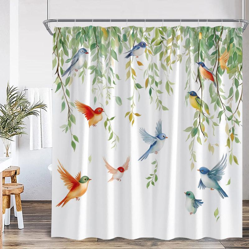 Vogel Duschvorhänge Bunte Vögel Auf Baum Mit Grünen Blättern Bauernhaus Badevorhang Polyesterstoff Badezimmer Dekor Mit Haken