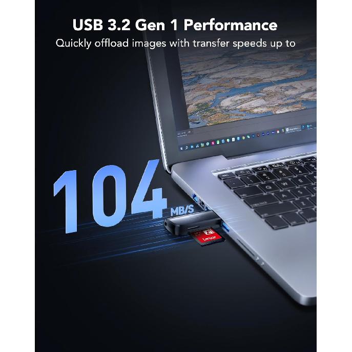 Lexar Dual Slot USB-A Reader, USB 3.2 Gen 1 Up To 104MB/s, USB-A for SD/MicroSD/SDHC/SDXC Camera Card Reader Adapter, OTG MicroSD Card Reader for