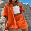 Fashion Casual 2 Piece Sets Women Summer Cotton Shirt And Shorts Suit Short Sleeve Solid Color Long Blouse Elegant Outfits
