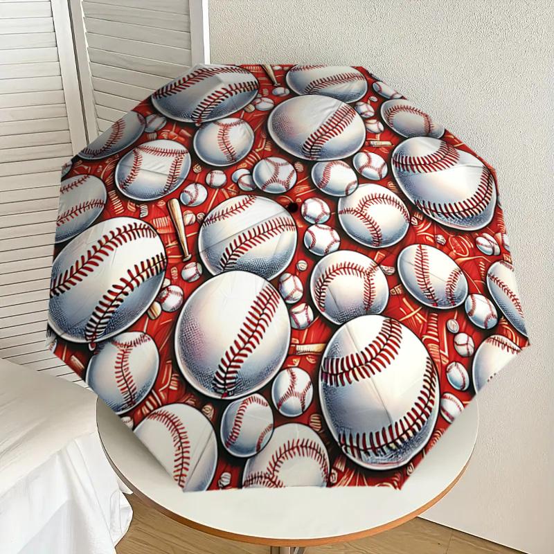 Baseball Patterned Automatic Opening/Closing Umbrella with Portable Tri-Fold Design, 8-Bone Iron Frame Outdoor Umbrella, Ideal Gift for Fans
