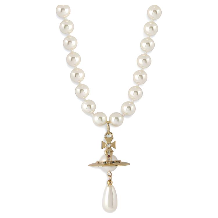 

Vivienne Westwood One Row Pearl Drop Choker Saturn Ring Pendant Imitation Pearl Necklace Women necklace Brass 63030008R118R118 Box
