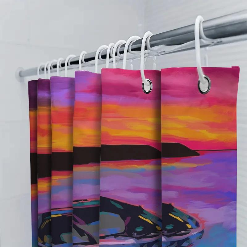 Waterproof Shower Curtain Featuring A Colorful Sunset Boat Design With Uv Protection For Bathroom Decor Accessories