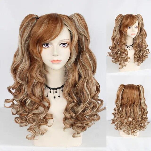 Parrucca Cosplay sintetica lunga colorata riccia per ragazze Lolita Cosplay con doppia coda di cavallo e 1 cuffia per parrucca