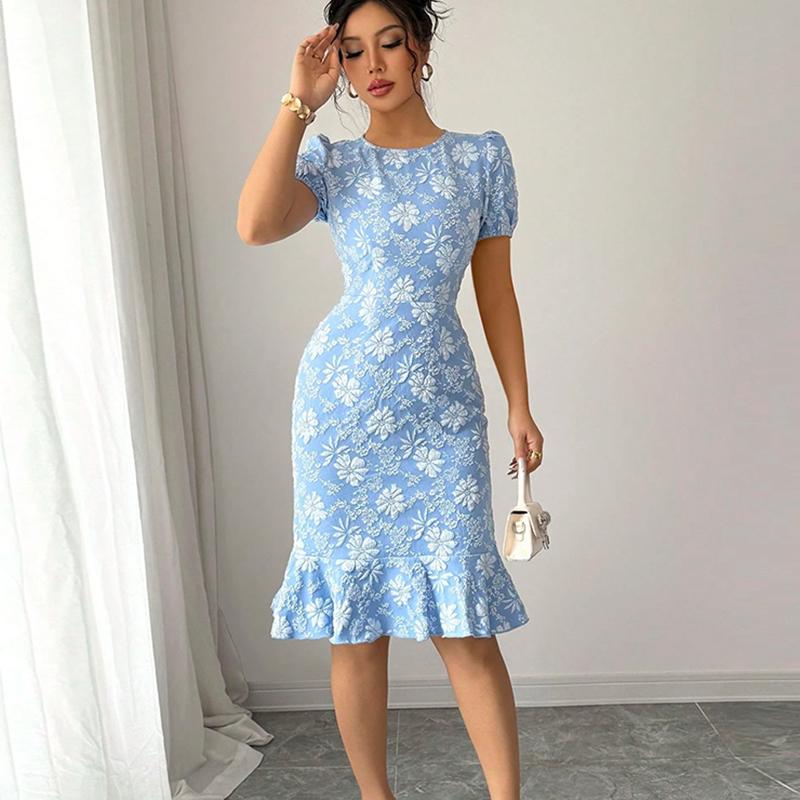Women Summer Short Sleeve Embroidery O Neck Solid Color Ruffles One Piece Dress