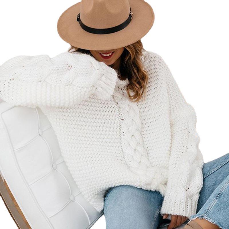 European & American Autumn/Winter V-Neck Cable Knit Loose Pullover Sweater for Women