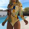 Women Long Sleeve One Piece Swimsuit Zip Front Tropical Flowers Print Rash Guard Surfing Bathing Suit
