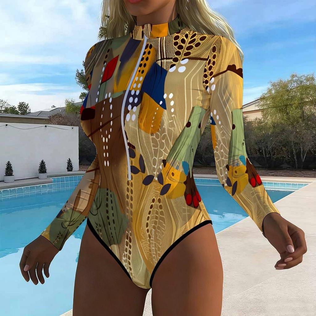 Women Long Sleeve One Piece Swimsuit Zip Front Tropical Flowers Print Rash Guard Surfing Bathing Suit