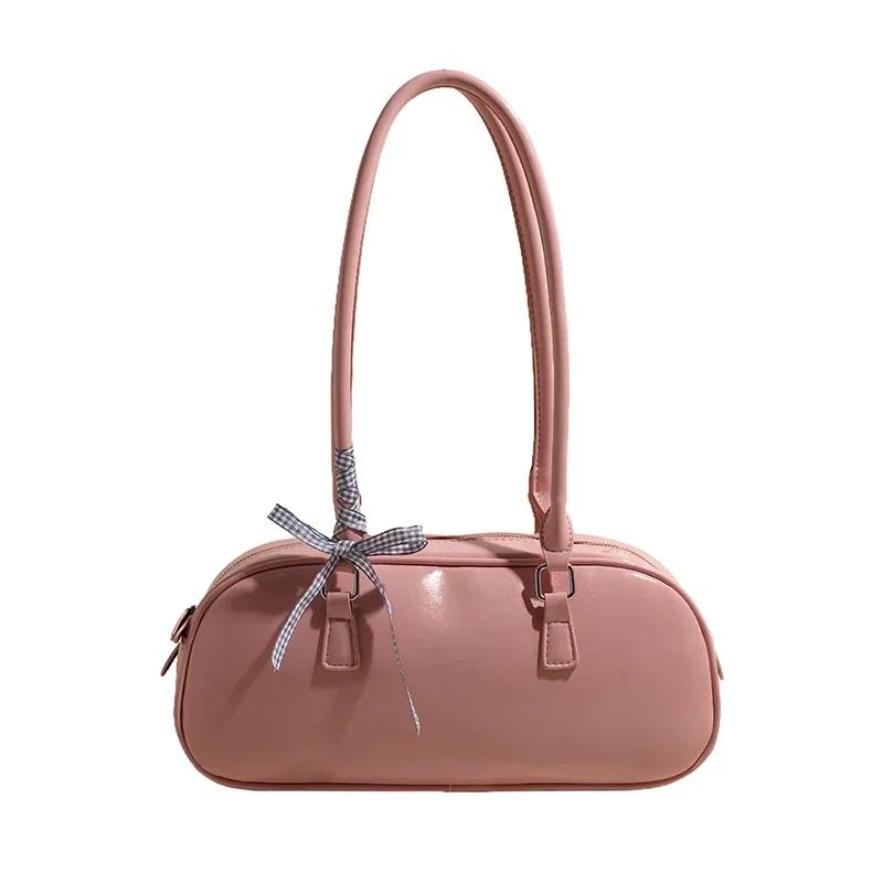 Fashion handbag with a bow for women simple underarm bag of solid color large capacity pillow bag