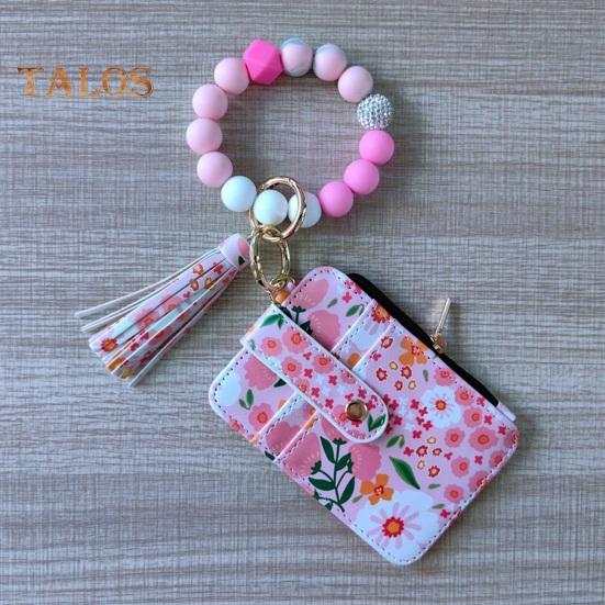 Ladies Floral Wristlet Wallet Boho Style Coin Purse Keychain with Tassel Elastic Beaded Wristlet Wallet with ID Card Window for Shopping Travel Daily