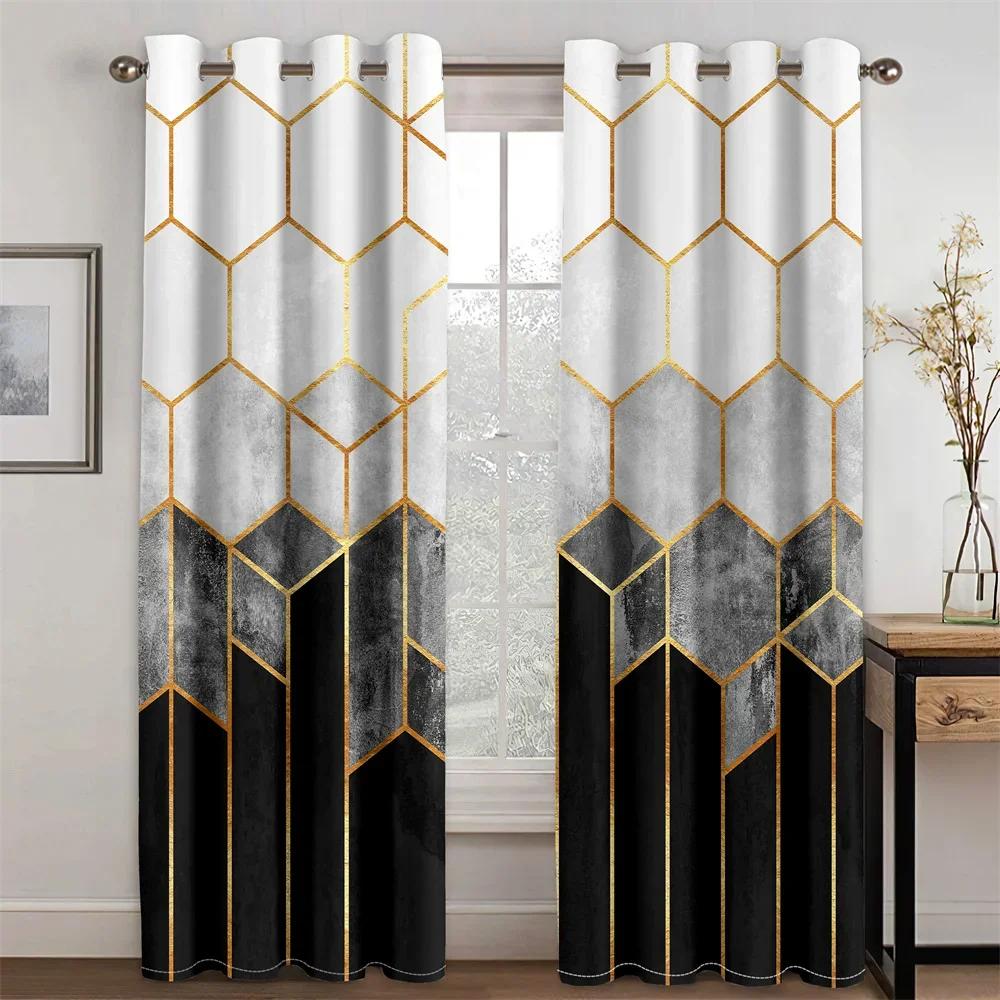 Striped Abstract Art Modern Black and Gold 2 Pieces Light Filtering Curtain for Living Room Bedroom Home Window Drape Decor