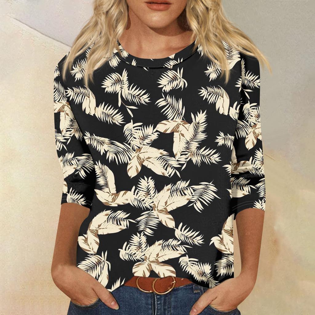 Dámská móda Ležérní tričko s kulatým výstřihem, 3/4 rukávem, volným potištěným tričkem, dámský top