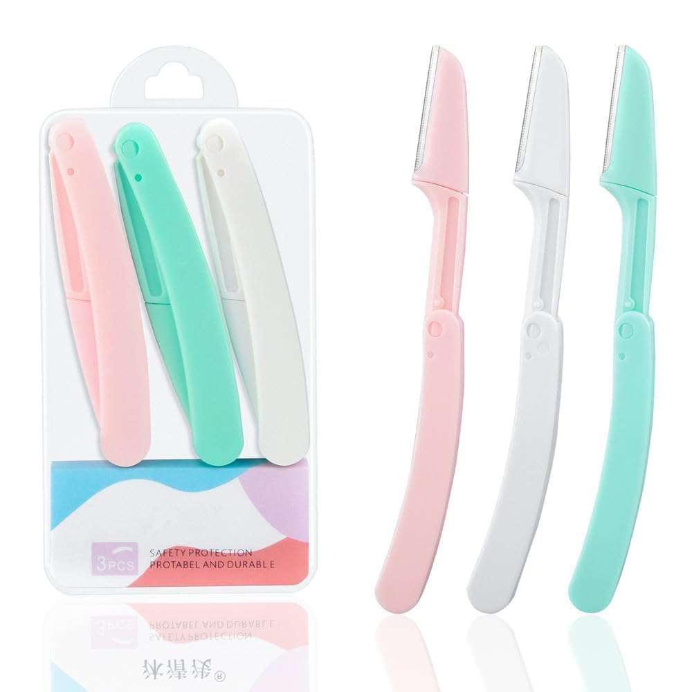RB Nest Folding Eyebrow Razor with Microguard Blade, Facial Hair Removal Dermaplaning Tool for Men & Women, Pack of 3