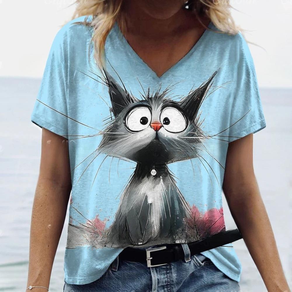T-Shirts Women's Fashion T-Shirt Cat Print Casual Comfort Short Sleeve Crew Neck Pullover Clothing
