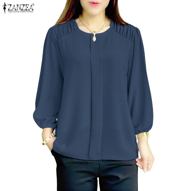 ZANZEA Women Casual Round Neck Solid Color Long Sleeve Blouse