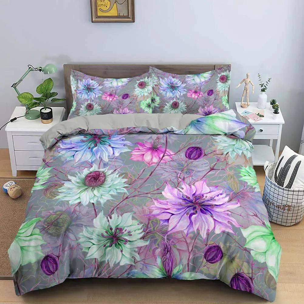 Vintage Blumen King Queen Bettbezug Pfingstrose Sonnenblumen Bettwäsche Set Tropischer Blumen Quilt Bezug Boho Polyester Bettbezug