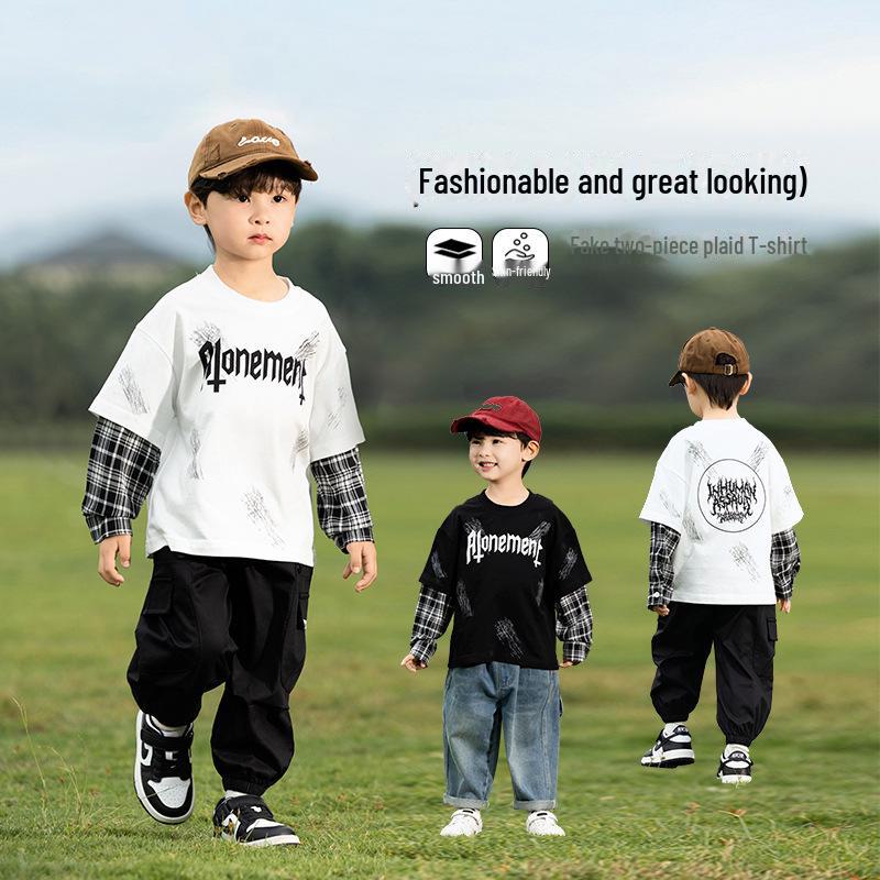 

Nausicaa Spring 2025 Plaid Faux Two-Piece Letter T-Shirt for Boys – Trendy Korean Style 120 чорний