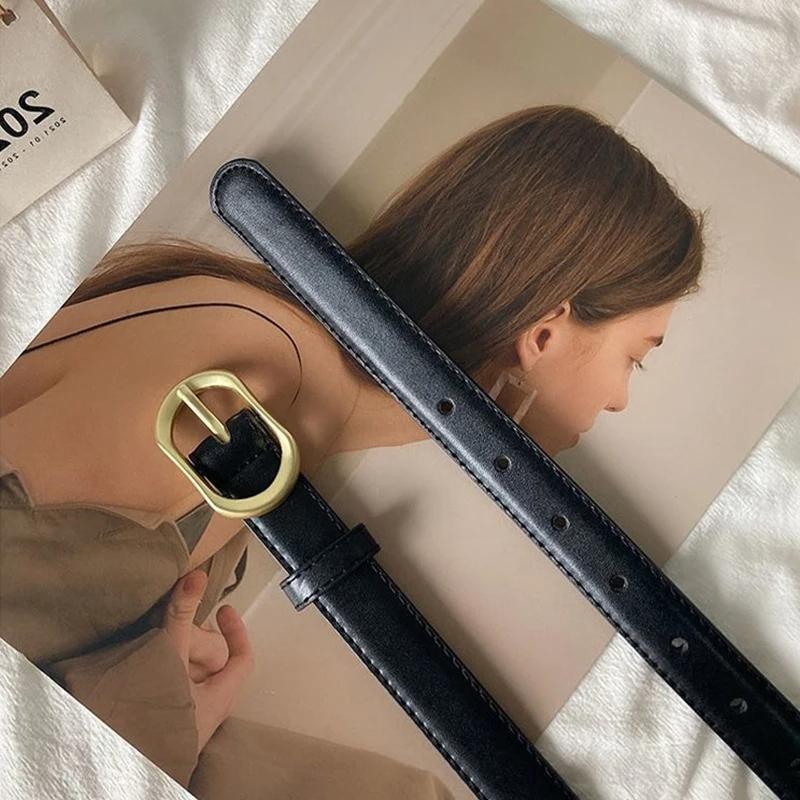 Women Metal Oval Pin Buckle Belt Fashion PU Leather Long Thin Adjustable Waistband Chic Jeans Pants Decorative Girdle Strap