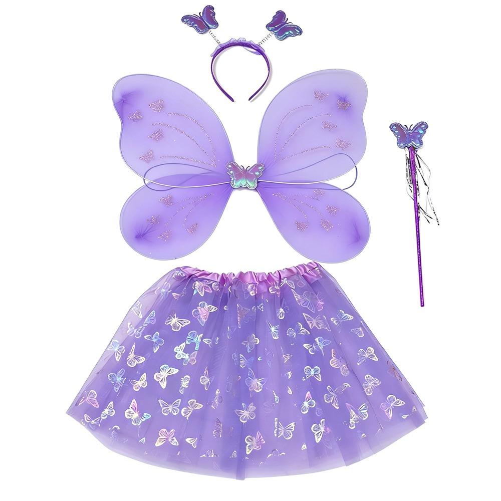 4Pcs/Set Fairy Princess Costume Butterfly Wings Puff Skirt Butterfly Wing Set Headband Fairy Wand Princess Party Costume