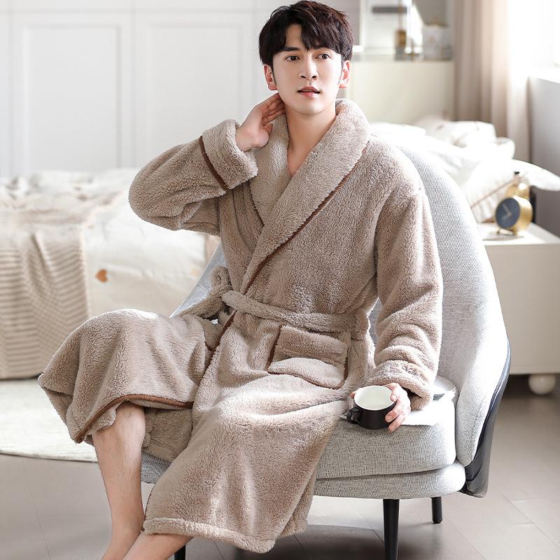 Coral Fleece Nightgown Men'S And Women'S Autumn And Winter Long Knee Bathrobe Large Size Flannel Fleece Thickened Couple Nightgown