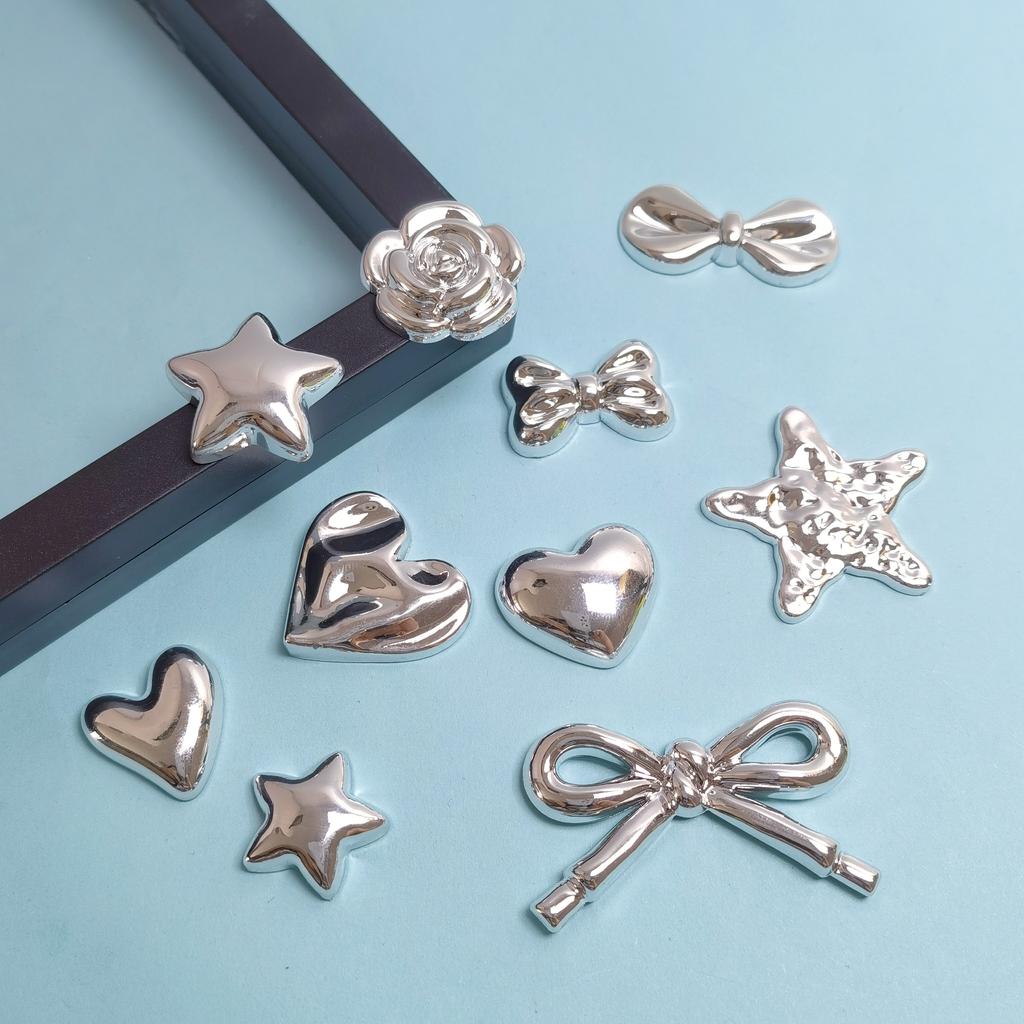 100Pcs Silver Color Heart Bowknot Star Flatback Cabochons for Hairpin Scrapbooking DIY Jewelry Craft Decoration Accessories