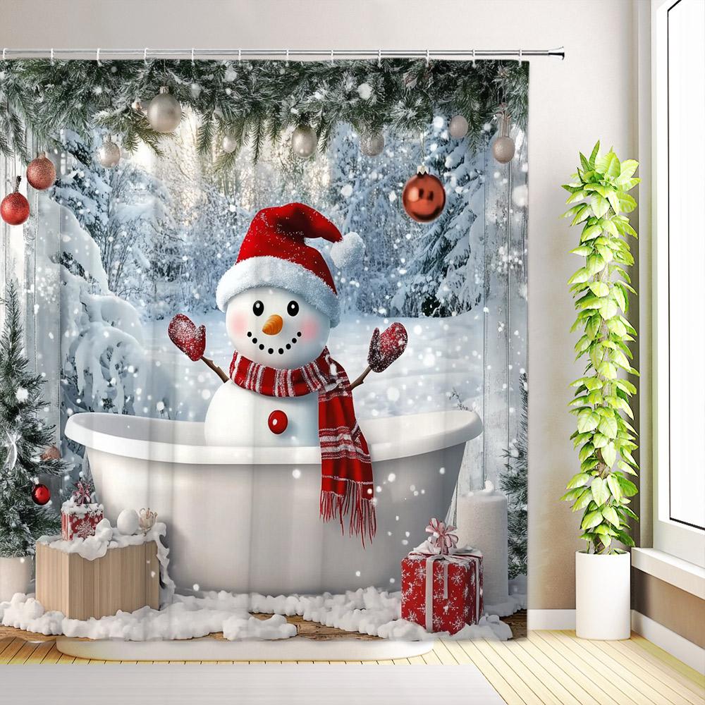 

Winter Christmas Shower Curtain Snowman Snowflakes Xmas Reindeer Nature Forest Snowy Scenery Farmhouse Bathroom Decor with Hooks 35x70inch-90x180cm