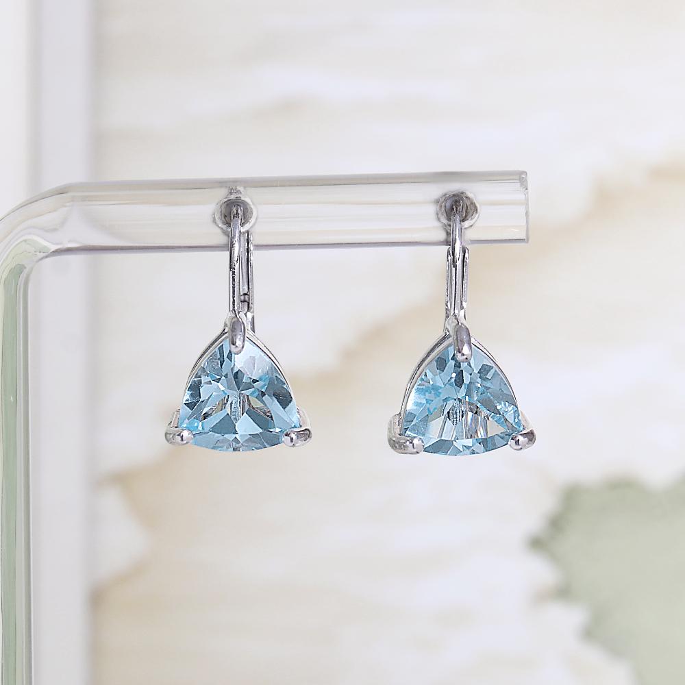 925 Sterling Silver Women's Earrings Natural Brazil Sky Blue Topaz Triangle 8.0mm Gemstones Fine Jewelry for Birthday Daily Wear