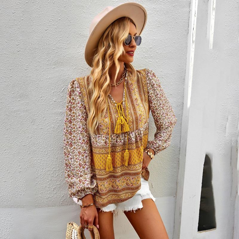 

Women s Boho Vacation Clashing Printed Blouse Top Shirt S жовтий