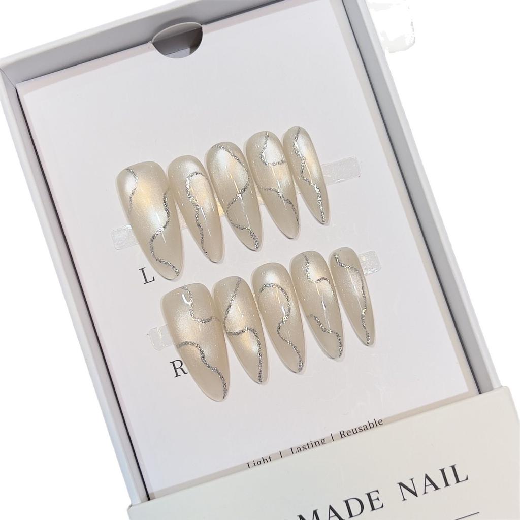 Silber Seide Einfach Katzenauge Tragen Rüstung Handgemacht Rein Nude Maniküre Abnehmbare Nägel