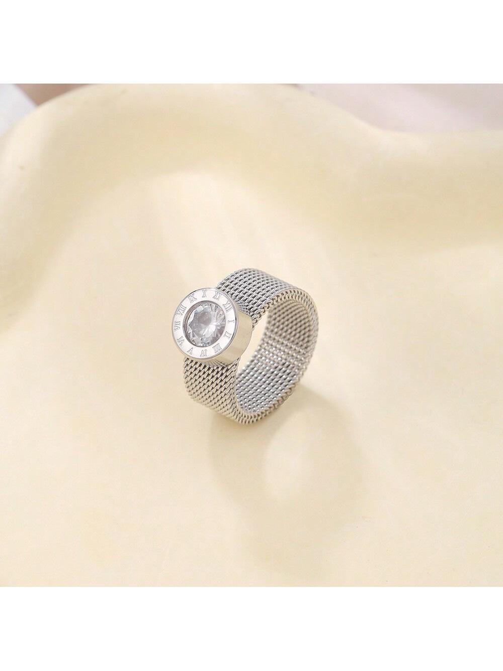 Retro Rhinestone Roman Numeral Titanium Steel Mesh Ring Size 9